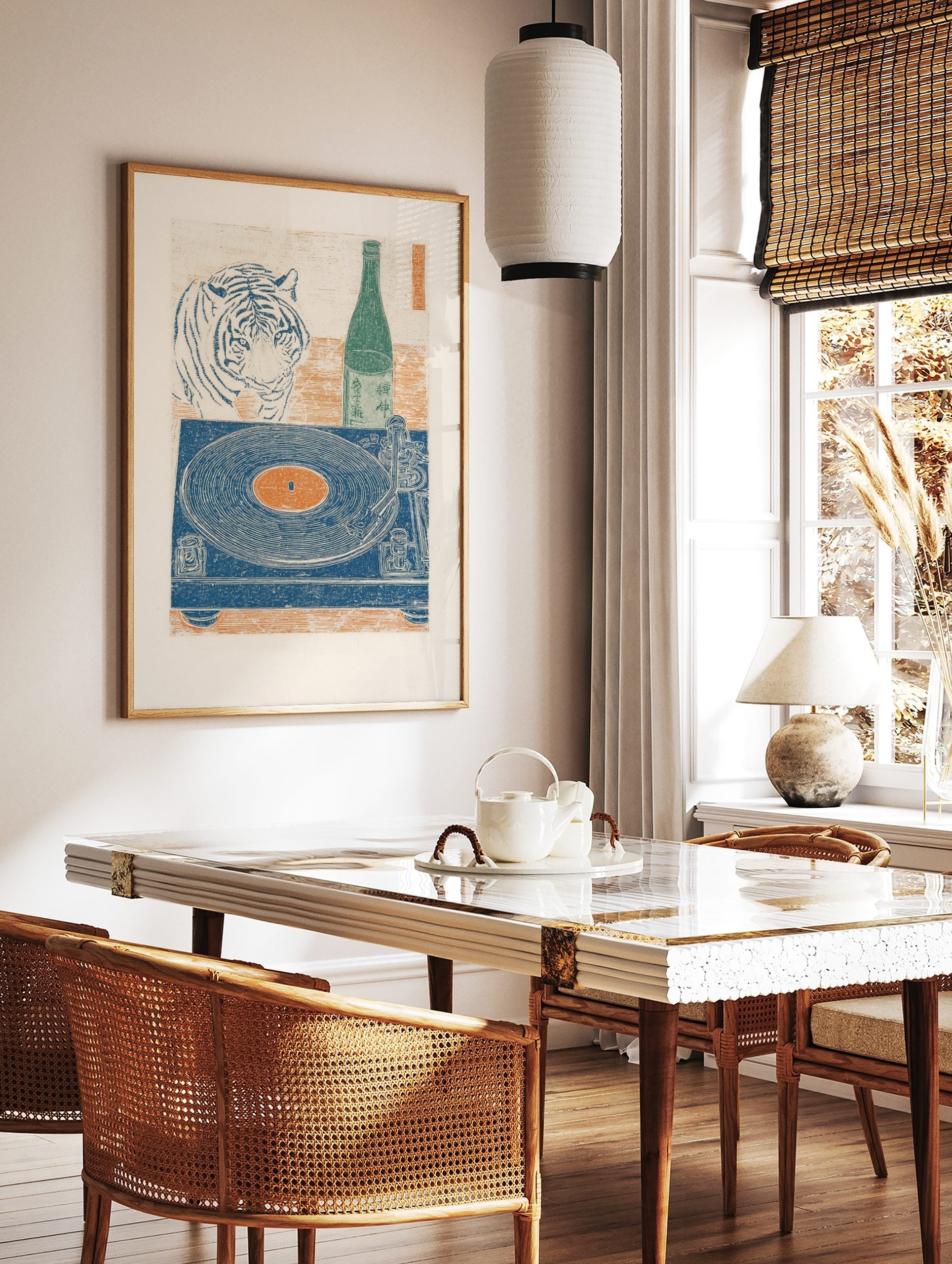 Tiger head, green sake bottle, blue record player with orange record, Japanese woodblock print style, in a styled room mockup