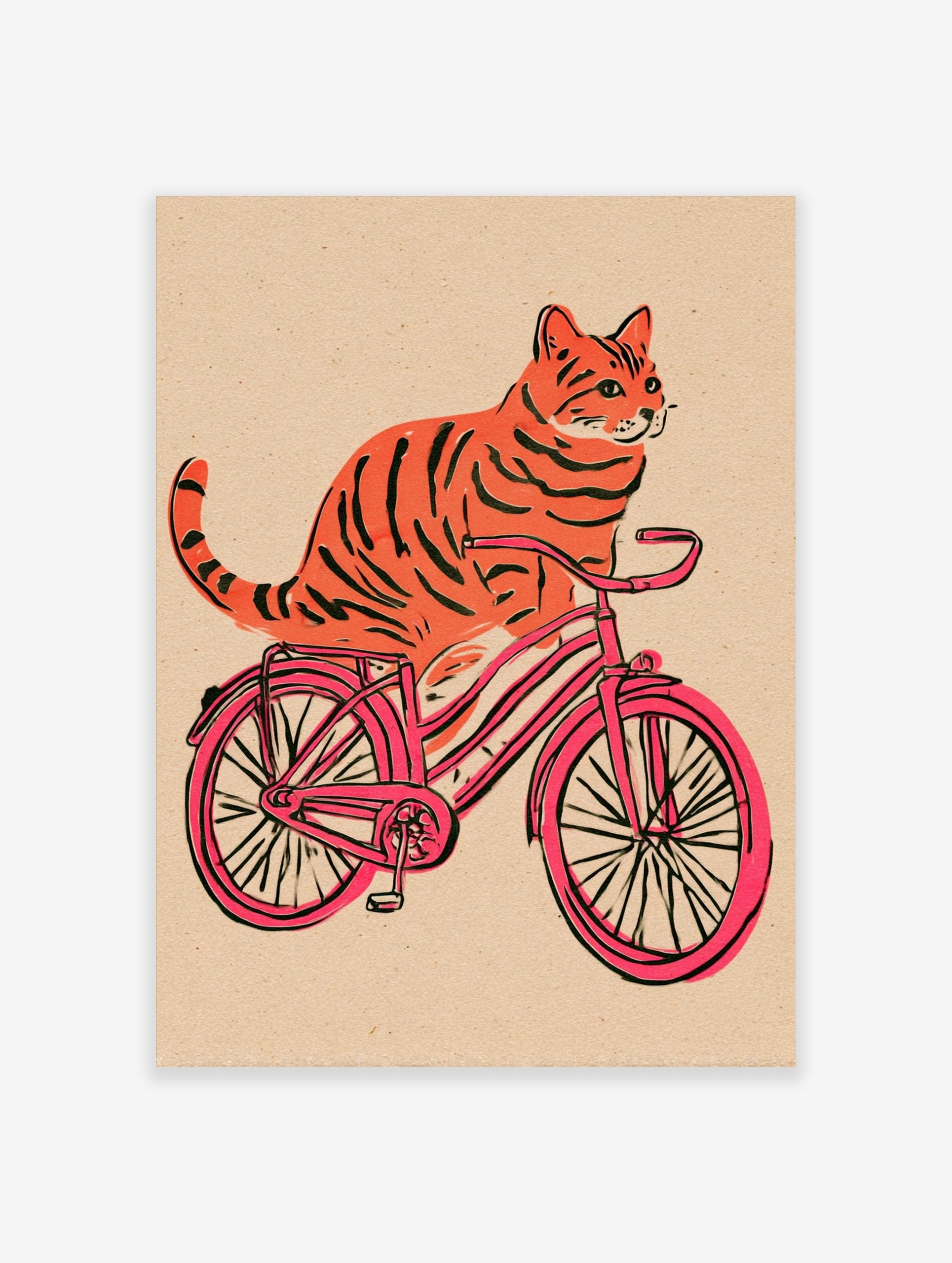 Orange tiger-striped cat riding a pink bicycle illustration on a textured beige background