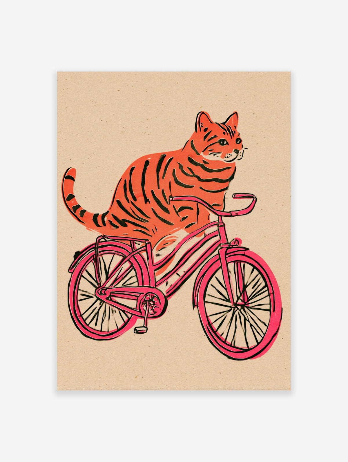 Orange tiger-striped cat riding a pink bicycle illustration on a textured beige background