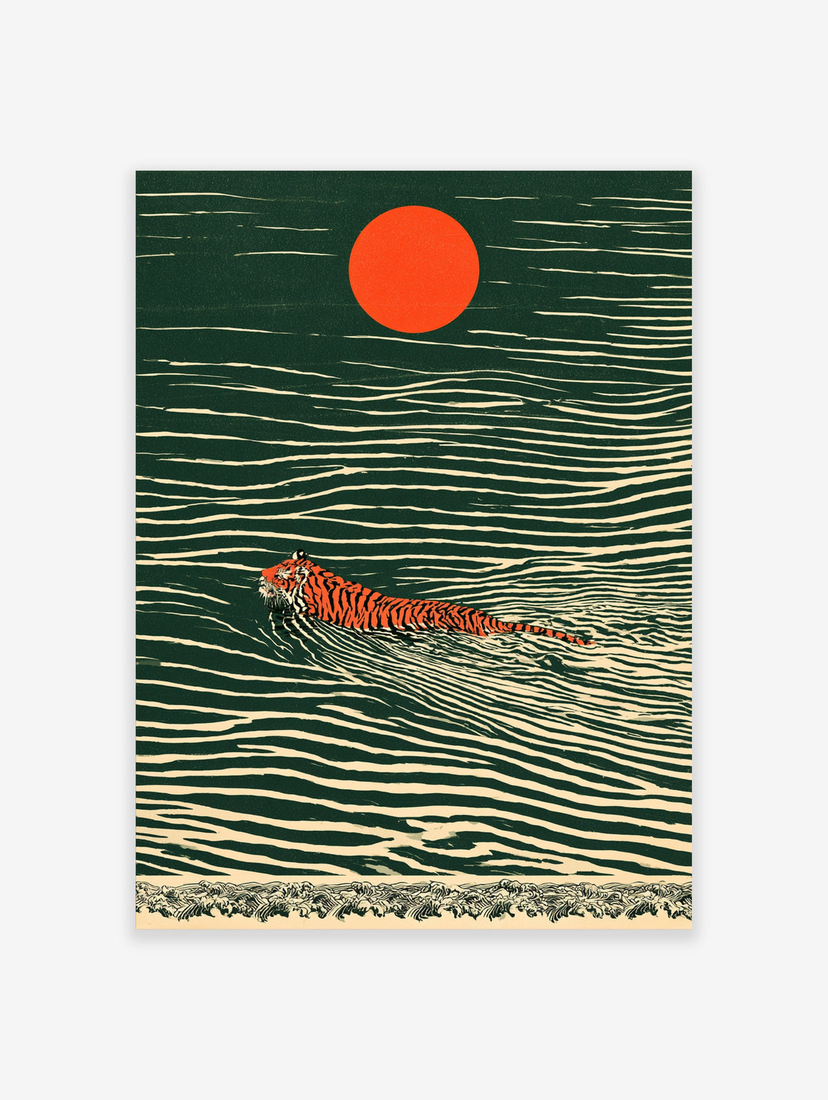 Tiger swimming in green water below a red sun, Japanese-style animal art print