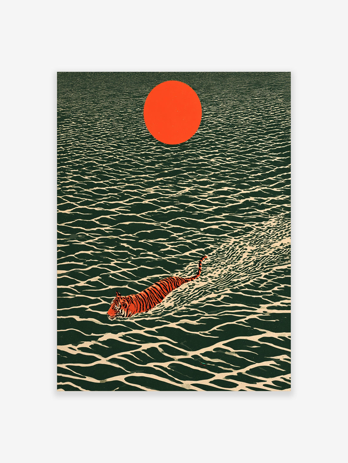 Tiger swimming in dark green water with cream ripples under a large red sun, Japanese-style animal poster