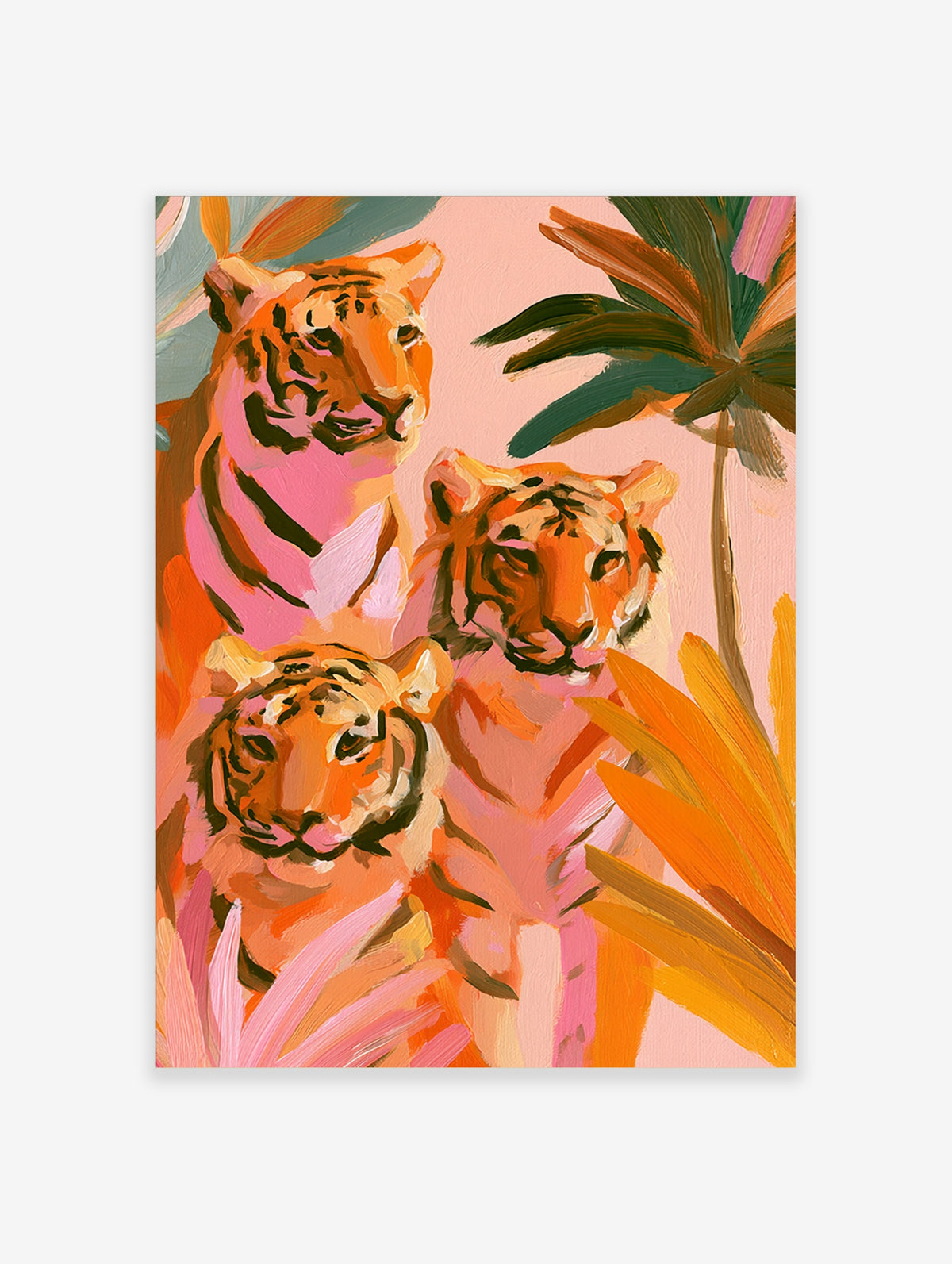Three tigers in pink and orange brushstrokes with palm leaves on pastel background, animal art print