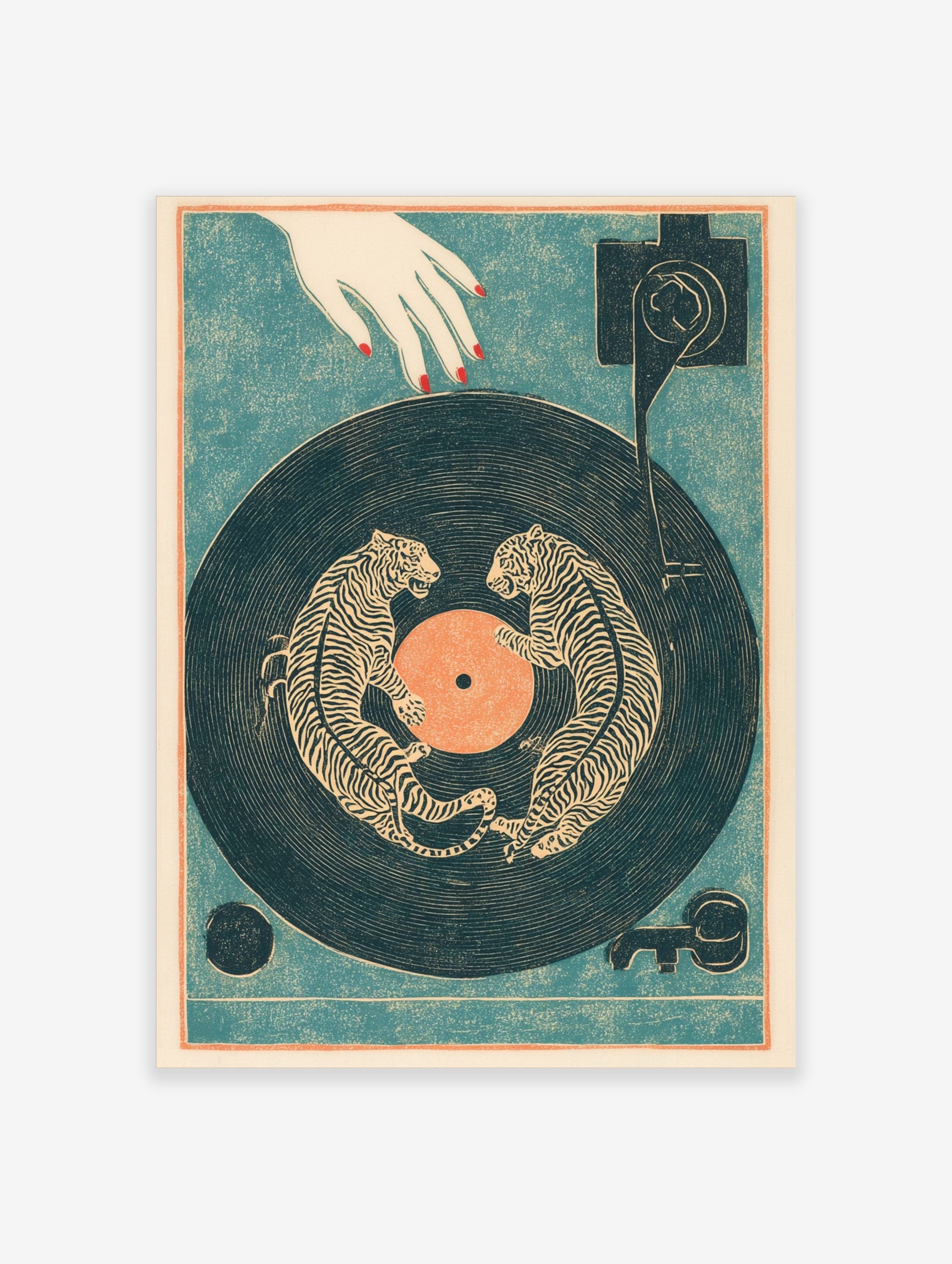 Illustrative tiger wall art print with two striped tigers on a dark blue vinyl record, with a hand and turntable arm