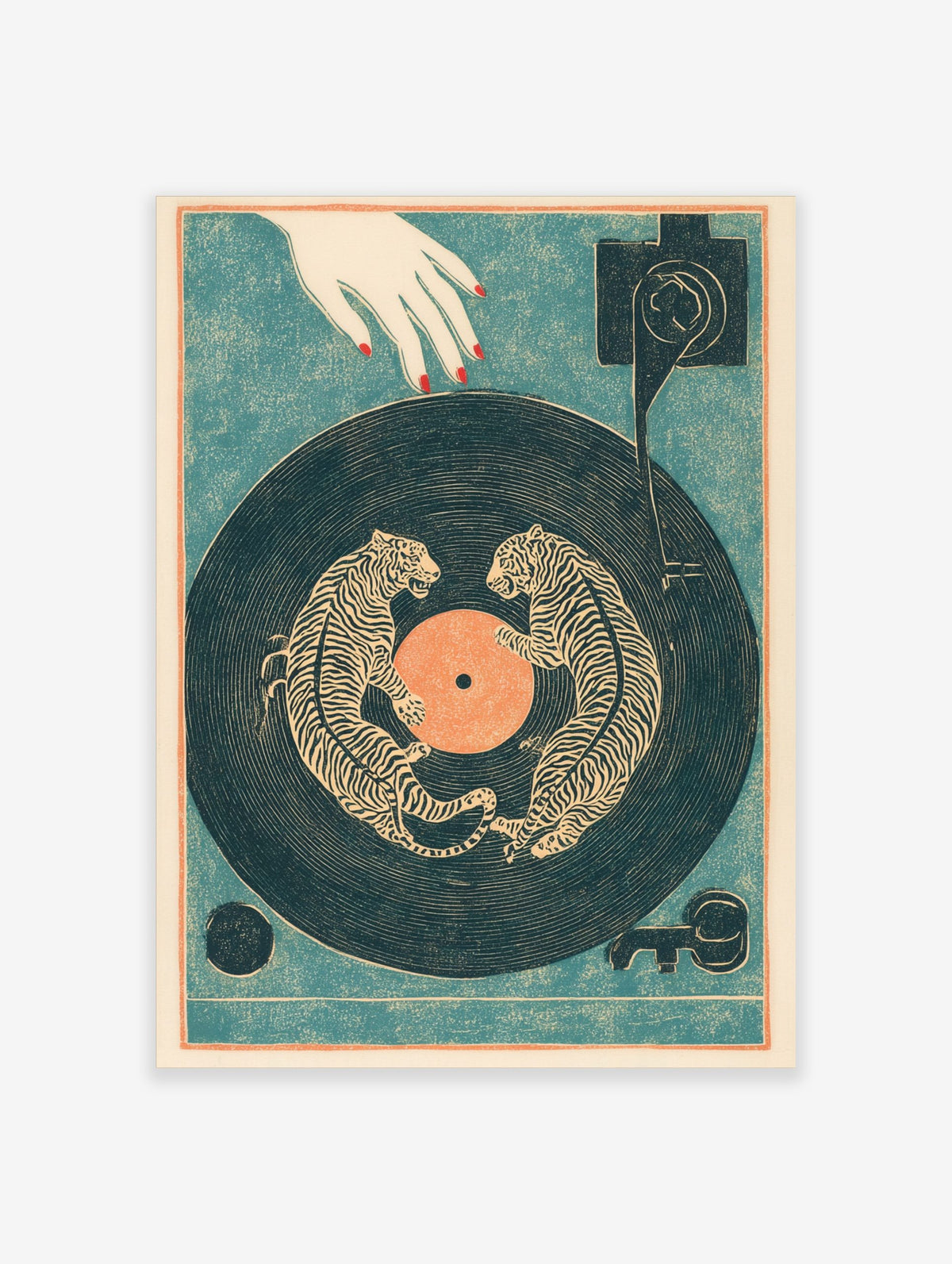Illustrative tiger wall art print with two striped tigers on a dark blue vinyl record, with a hand and turntable arm