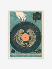 Illustrative tiger wall art print with two striped tigers on a dark blue vinyl record, with a hand and turntable arm