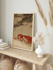 Two majestic orange and black striped tigers resting under a green pine tree, in a traditional Asian art style illustration. - Image 3
