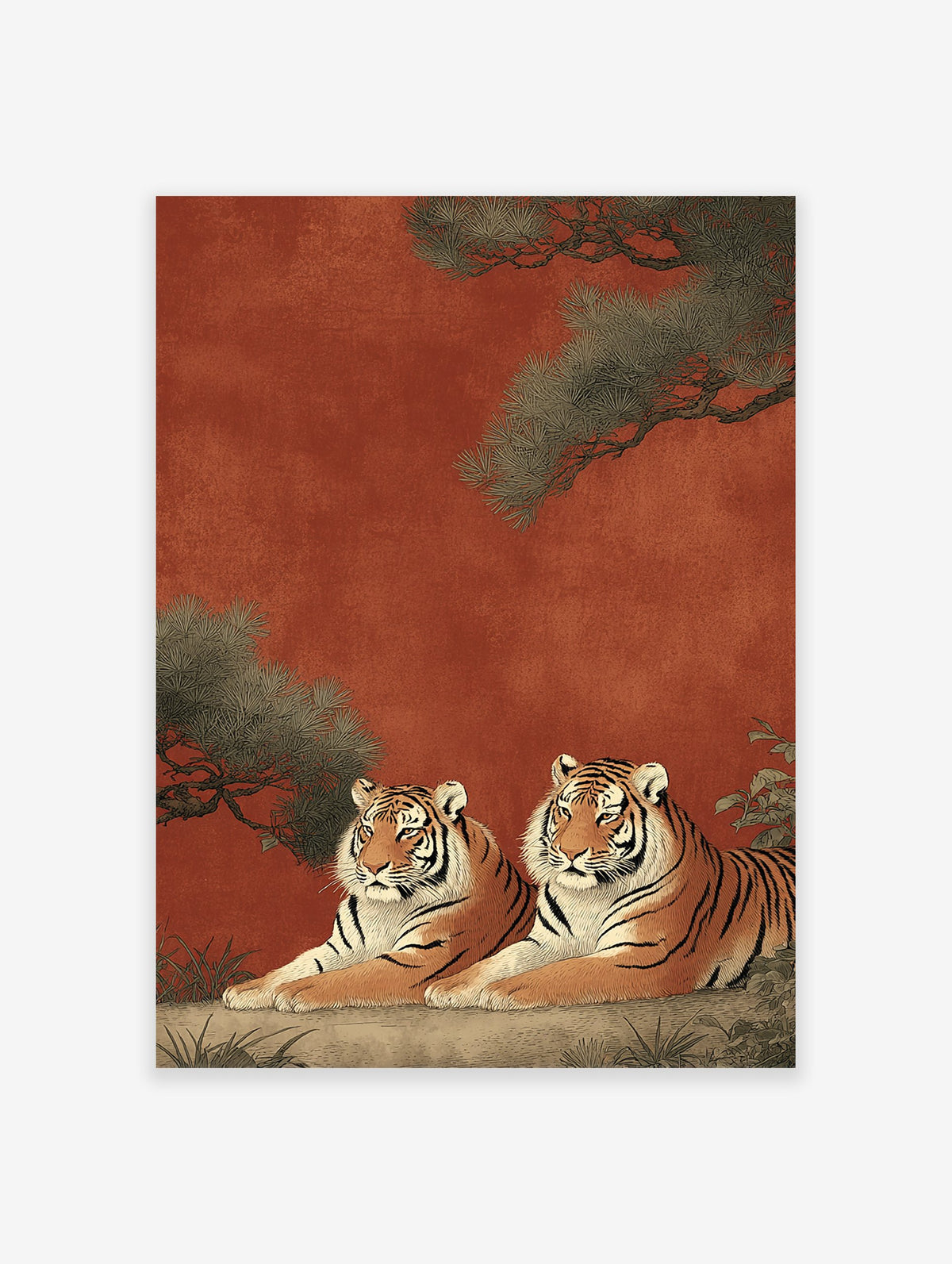 Two majestic tigers resting under pine branches against a reddish-orange background, in a traditional Asian style print.