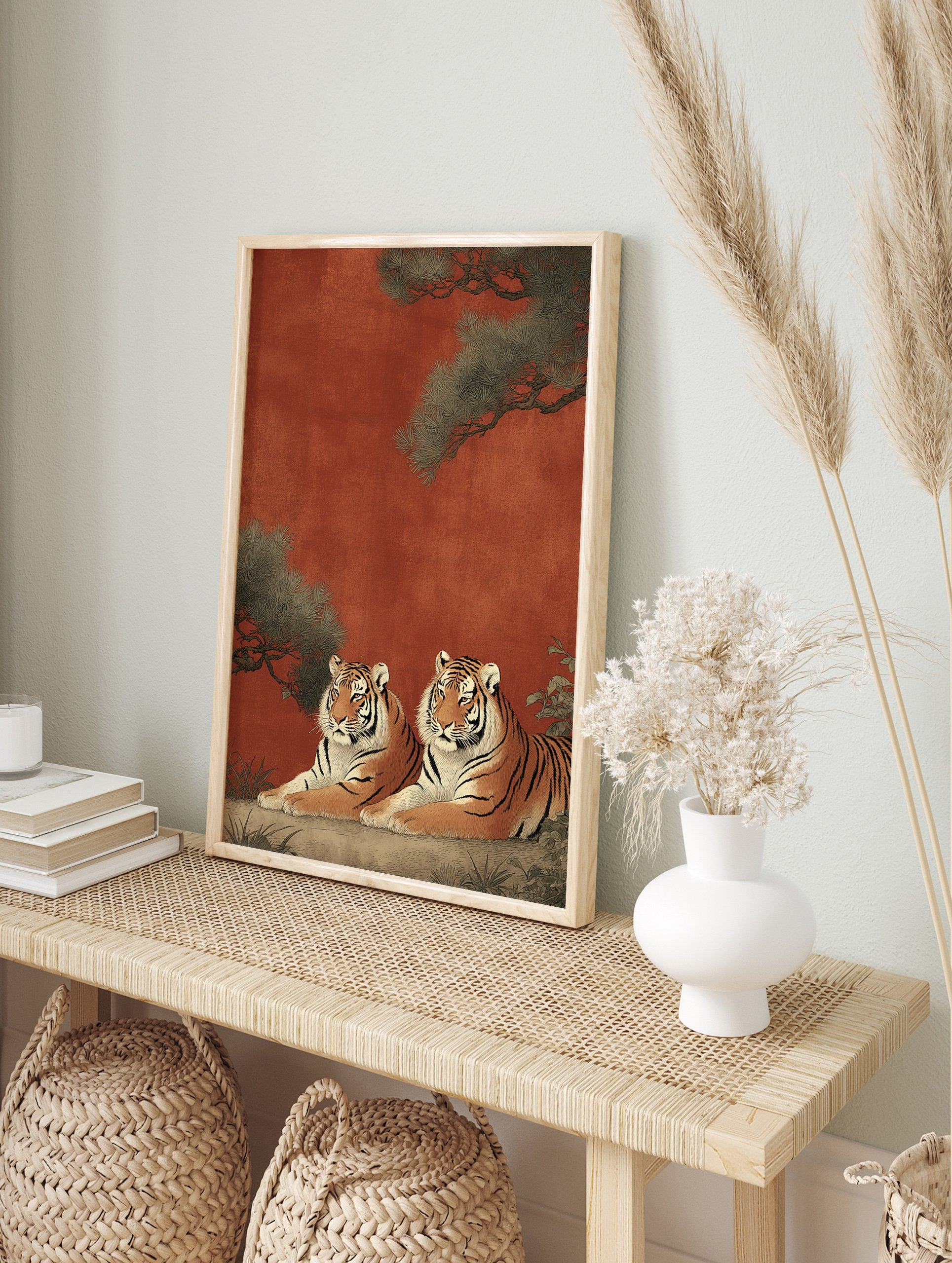 Two majestic tigers resting under pine branches against a reddish-orange background, in a traditional Asian style print. - Image 3