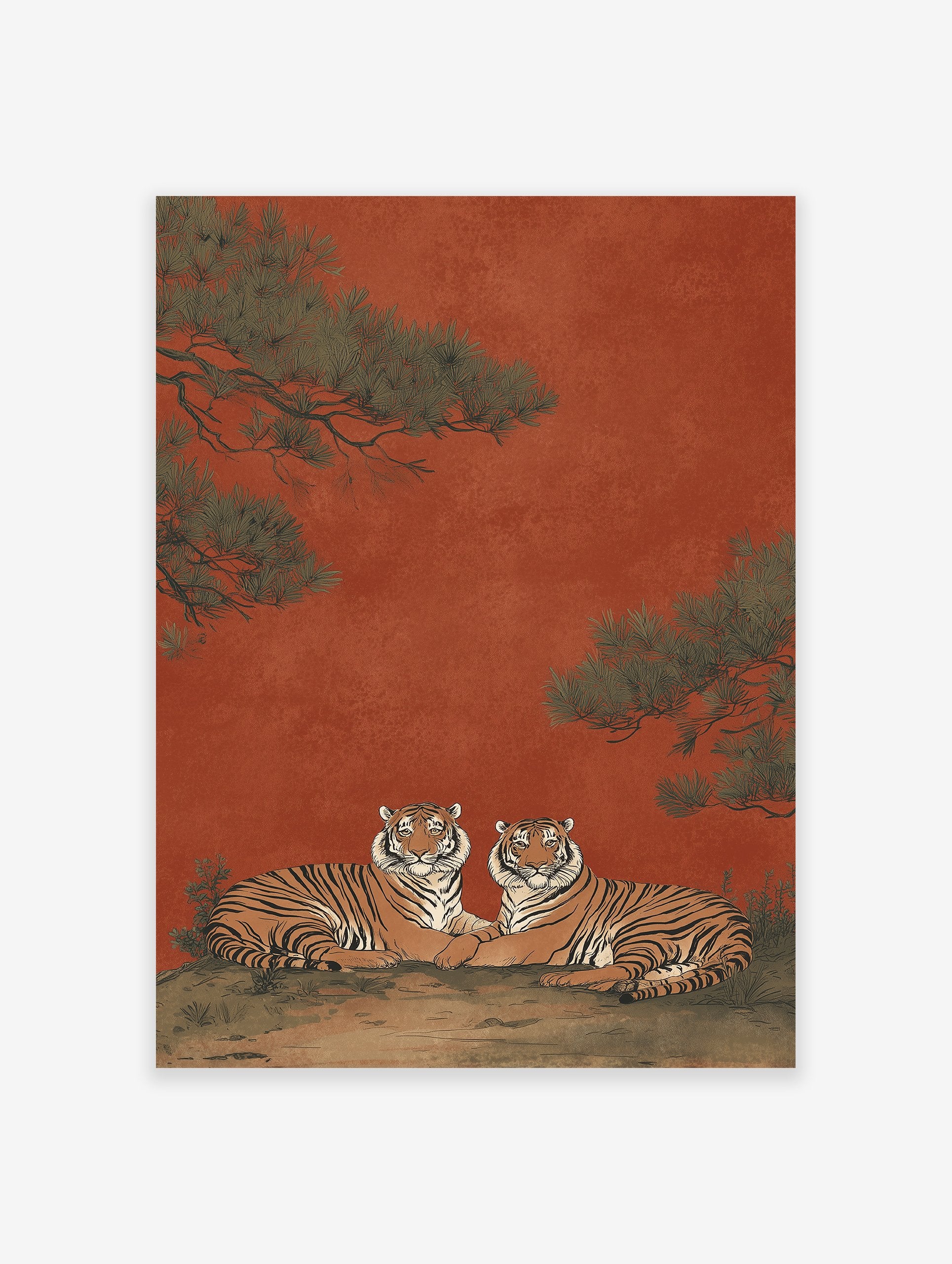 Asian style illustration of two tigers resting under pine trees on a red background. Tiger wall art print.