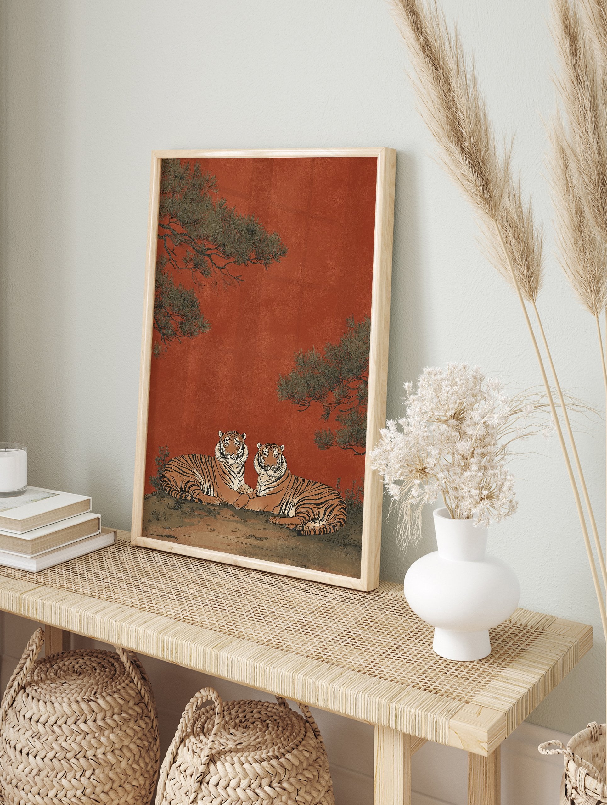 Asian style illustration of two tigers resting under pine trees on a red background. Tiger wall art print. - Image 3