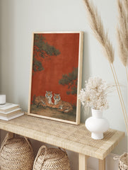 Asian style illustration of two tigers resting under pine trees on a red background. Tiger wall art print. - Image 3