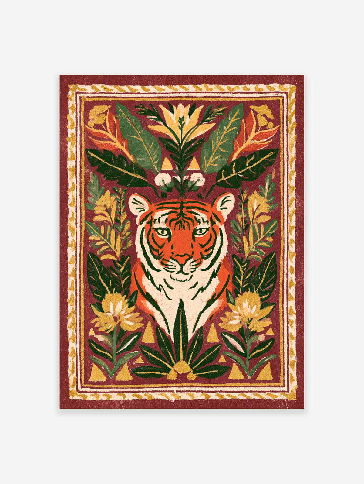 Tiger portrait with botanical leaves and flowers on red background art print