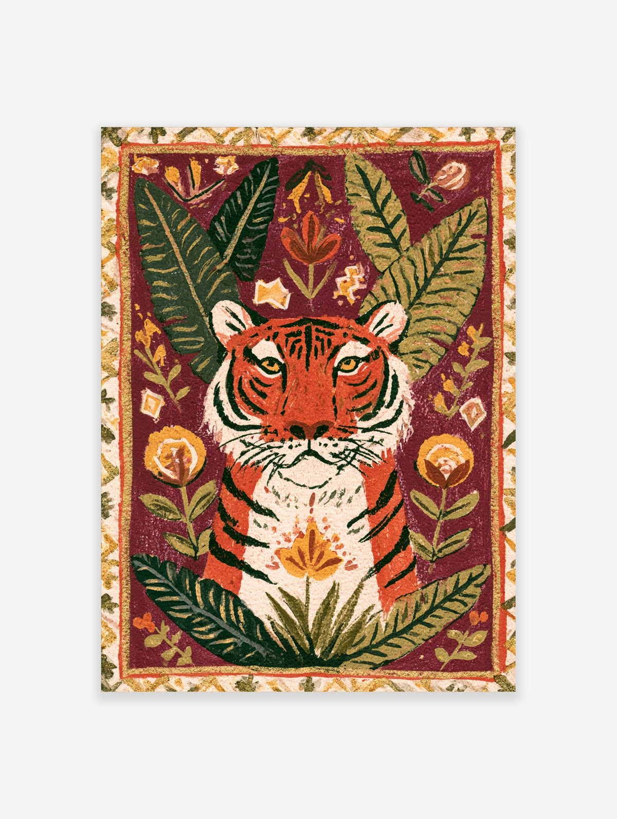 Tiger portrait with jungle leaves and orange flowers on a red background art print