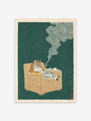 Illustrated tiger art print showing a tiger in an armchair reading a newspaper, smoking a pipe, on a green background.