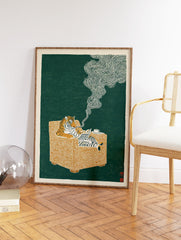 Illustrated tiger art print showing a tiger in an armchair reading a newspaper, smoking a pipe, on a green background. - Image 2