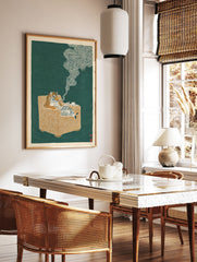 Illustrated tiger art print showing a tiger in an armchair reading a newspaper, smoking a pipe, on a green background. - Image 3