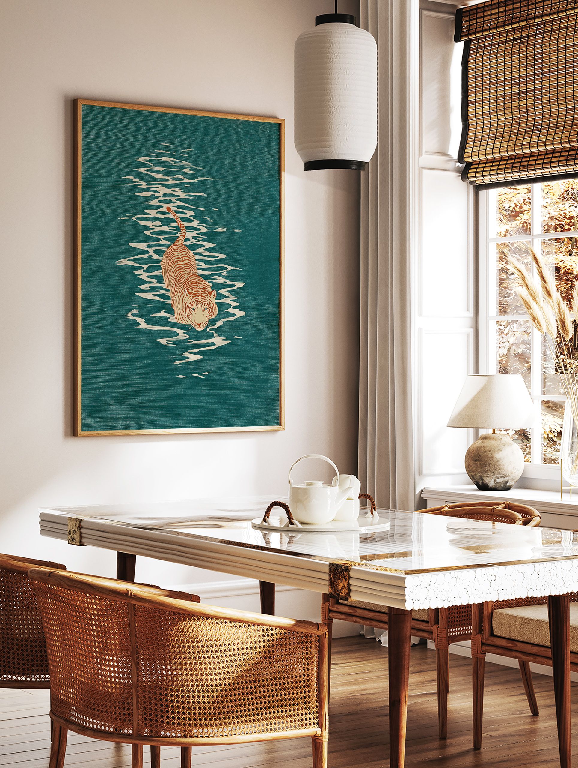 Illustrated tiger walking through teal green water with white ripples, orange stripes on a cream body, animal wall art. - Image 2