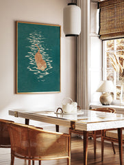 Illustrated tiger walking through teal green water with white ripples, orange stripes on a cream body, animal wall art. - Image 2
