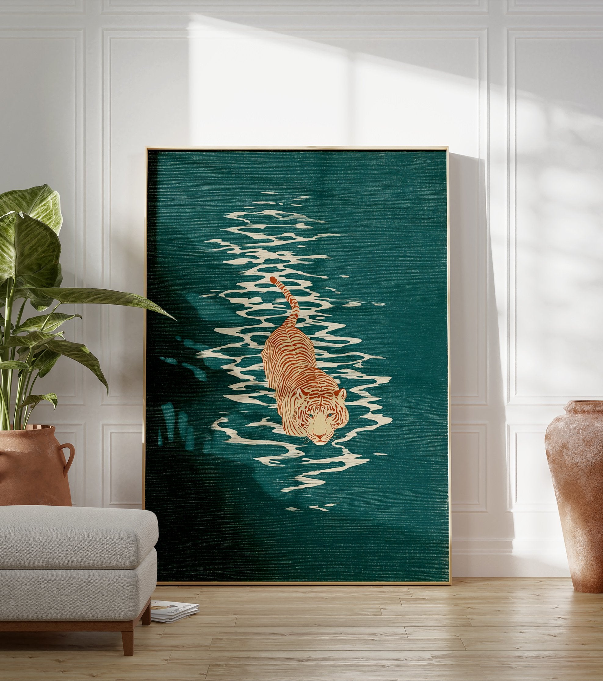 Illustrated tiger walking through teal green water with white ripples, orange stripes on a cream body, animal wall art. - Image 3