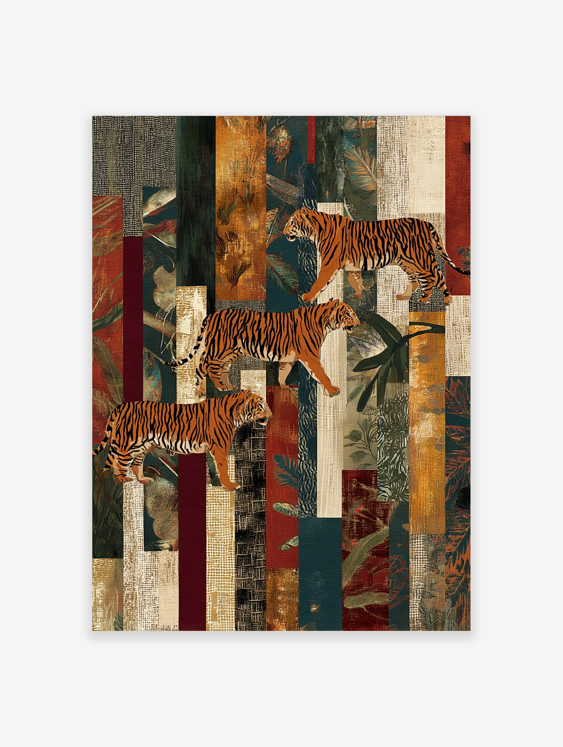 Three illustrative tigers walking diagonally across a textured, multi-colour collage background in a portrait orientation