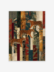 Three illustrative tigers walking diagonally across a textured, multi-colour collage background in a portrait orientation