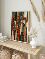Three illustrative tigers walking diagonally across a textured, multi-colour collage, in an alternate framed mockup