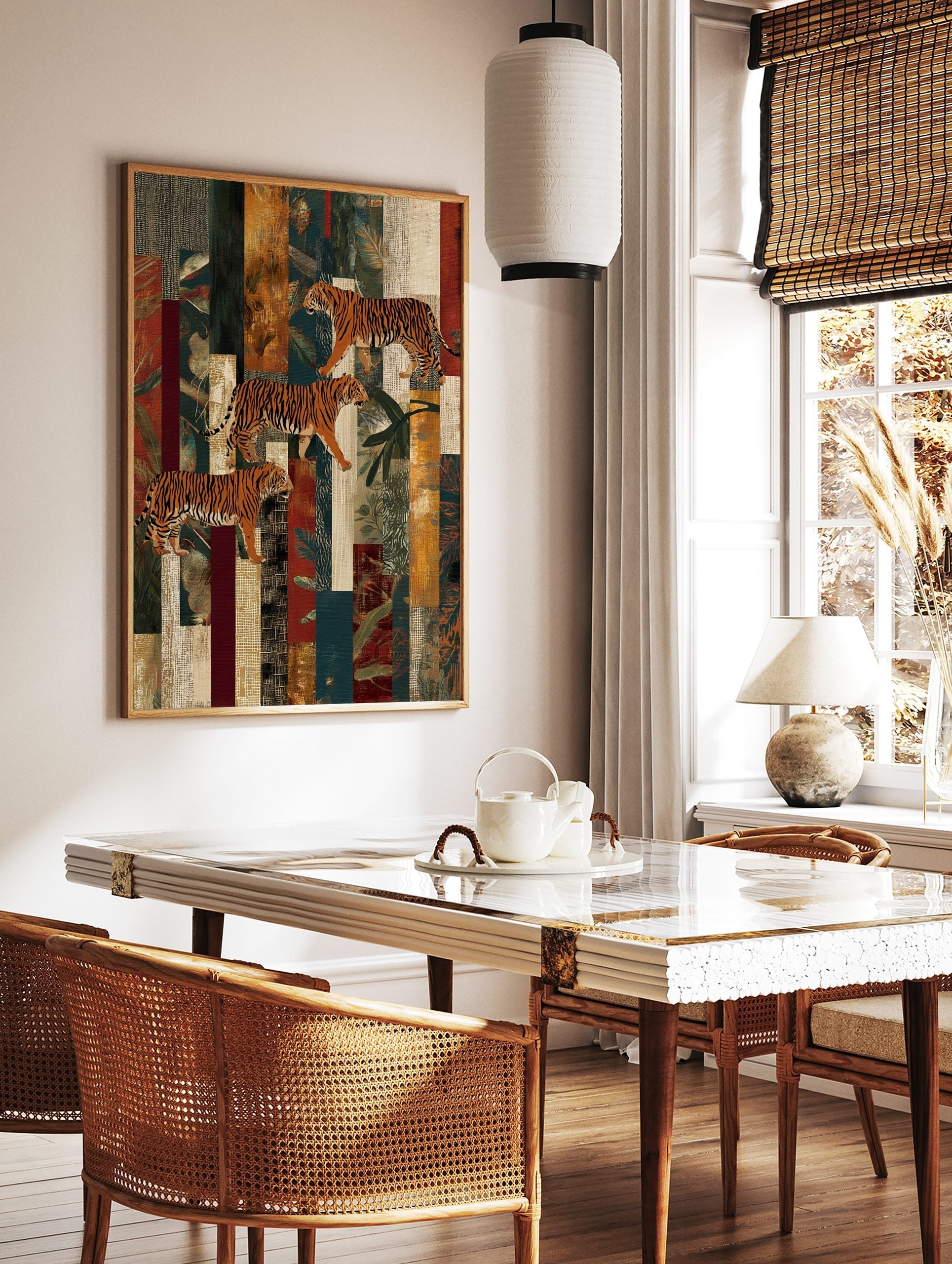 Three illustrative tigers walking diagonally across a textured, multi-colour collage background in, in a styled room mockup