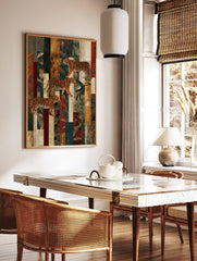 Three illustrative tigers walking diagonally across a textured, multi-colour collage background in, in a styled room mockup