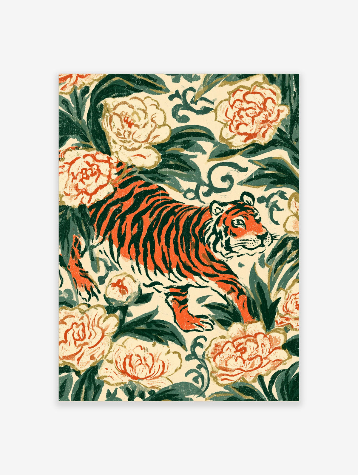 Tiger art print with orange stripes among cream peonies and green leaves