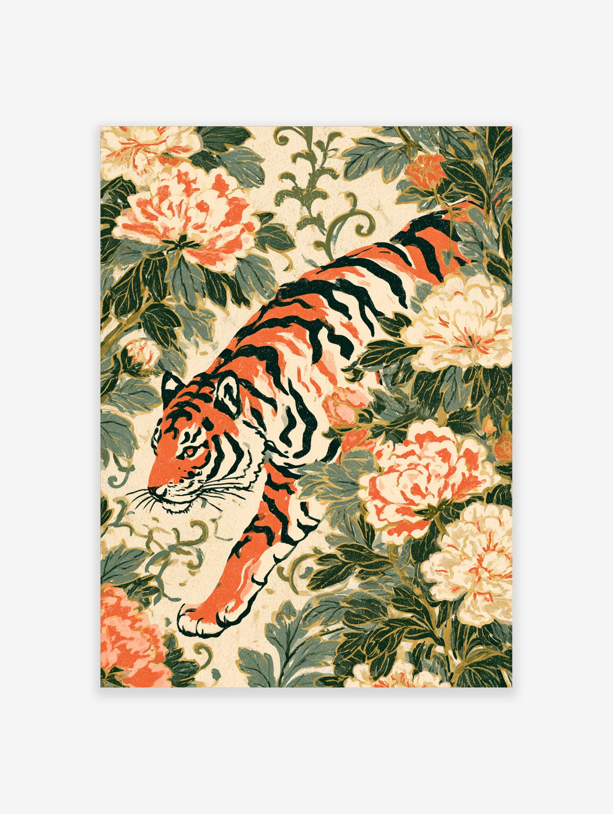Tiger walking left among cream peonies and green leaves, Japanese style animal poster
