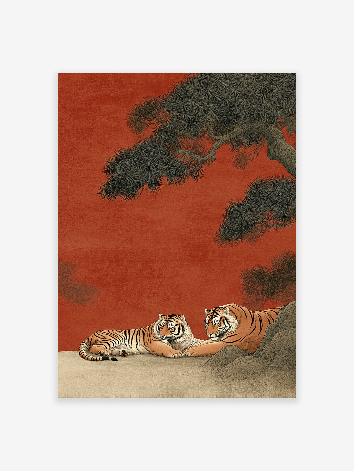 Two majestic tigers resting under a large pine tree against a red background in a traditional Japanese illustrative art print.