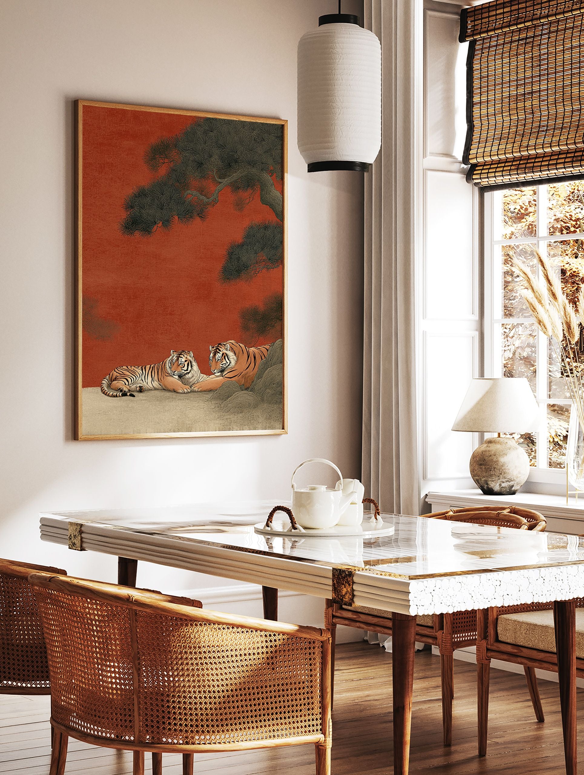 Two majestic tigers resting under a large pine tree against a red background in a traditional Japanese illustrative art print. - Image 2