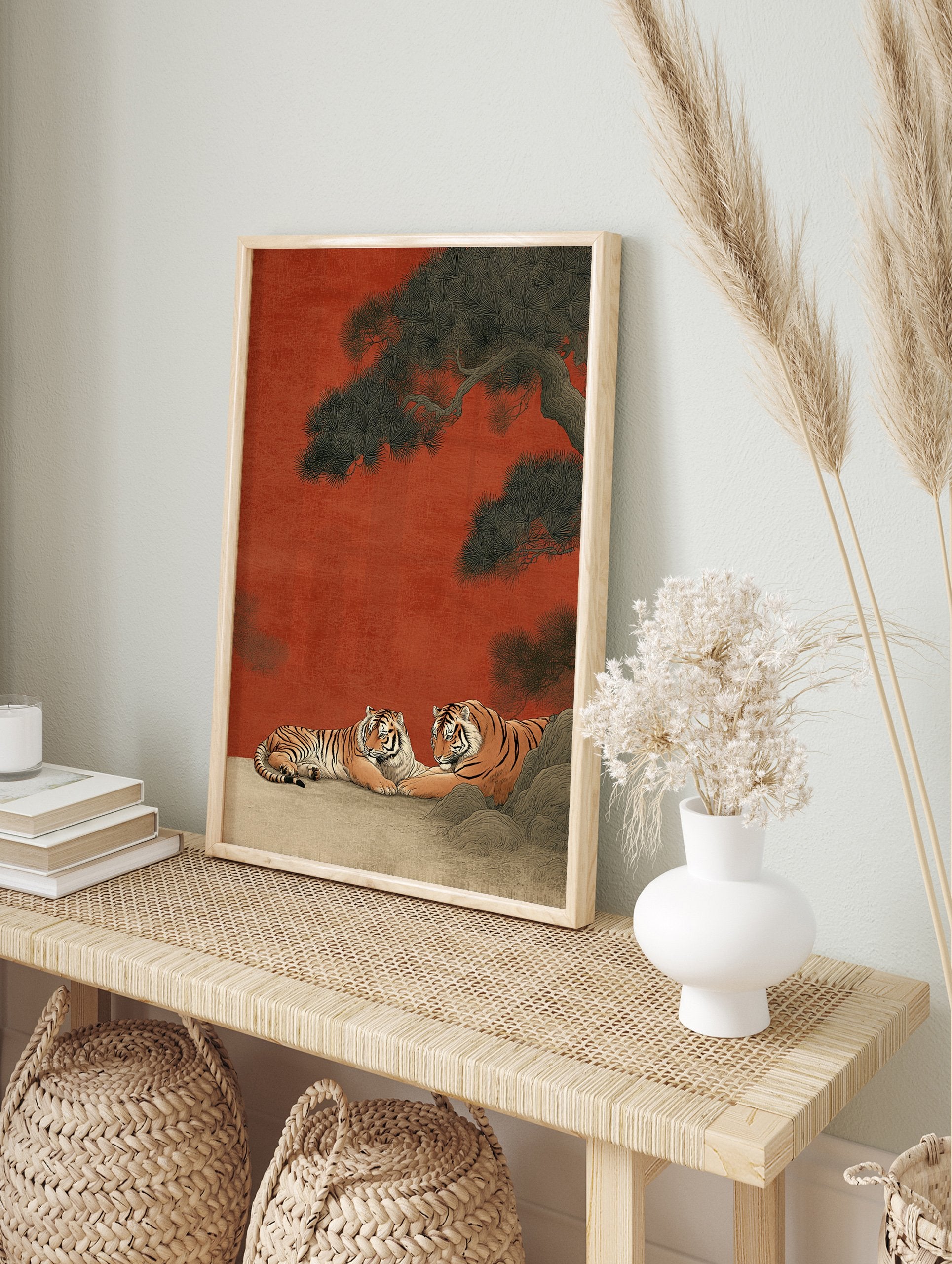 Two majestic tigers resting under a large pine tree against a red background in a traditional Japanese illustrative art print. - Image 3