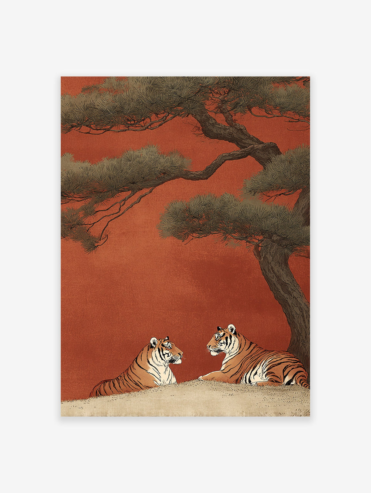 Japanese style Tiger Wall Art print with two tigers under a pine tree on a reddish-orange background.