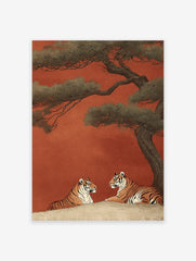 Japanese style Tiger Wall Art print with two tigers under a pine tree on a reddish-orange background.
