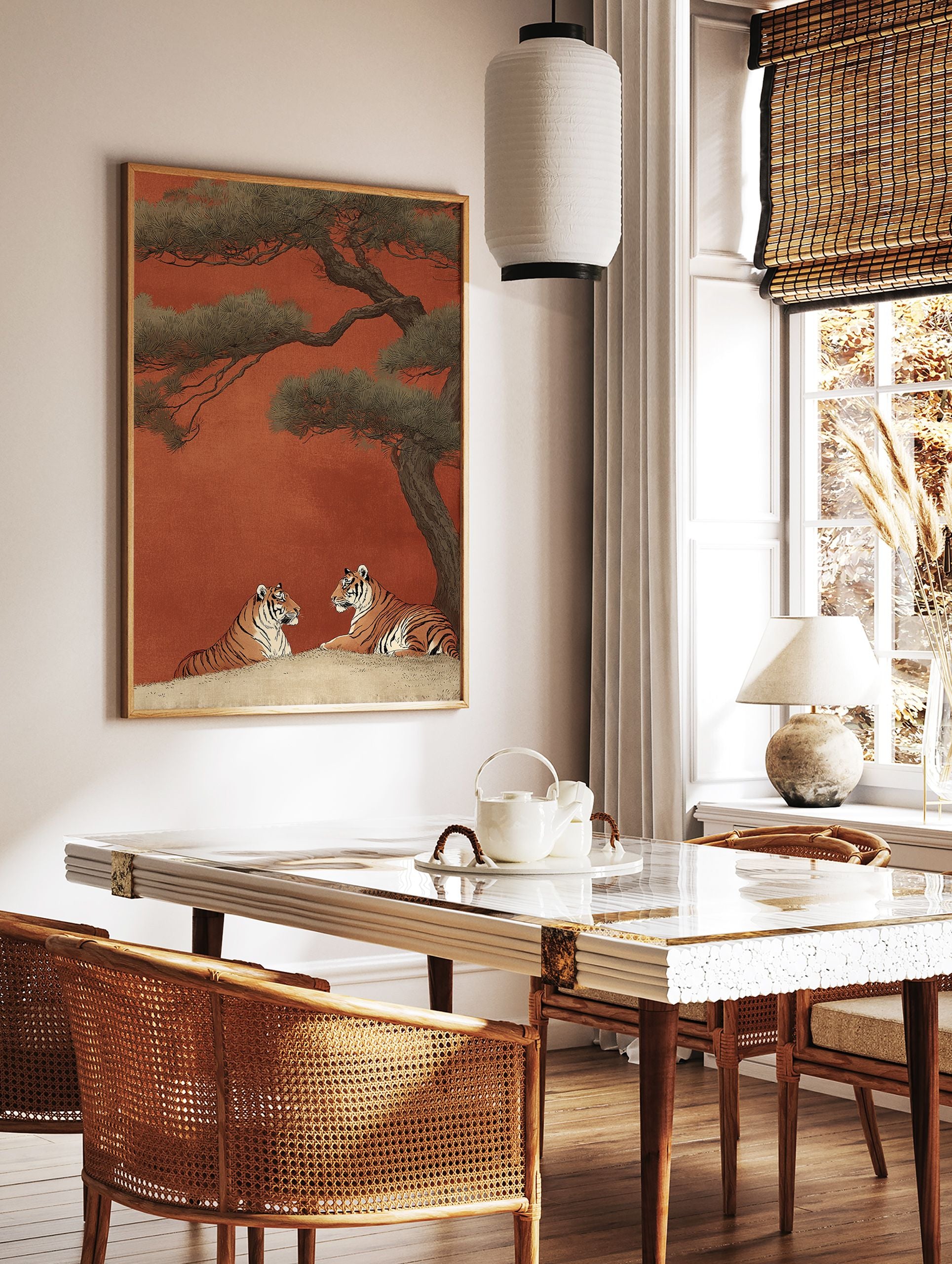 Japanese style Tiger Wall Art print with two tigers under a pine tree on a reddish-orange background. - Image 2