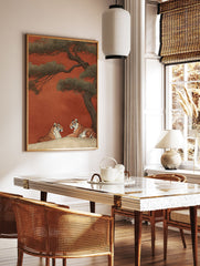 Japanese style Tiger Wall Art print with two tigers under a pine tree on a reddish-orange background. - Image 2