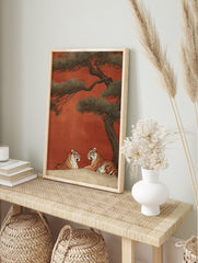 Japanese style Tiger Wall Art print with two tigers under a pine tree on a reddish-orange background. - Image 3