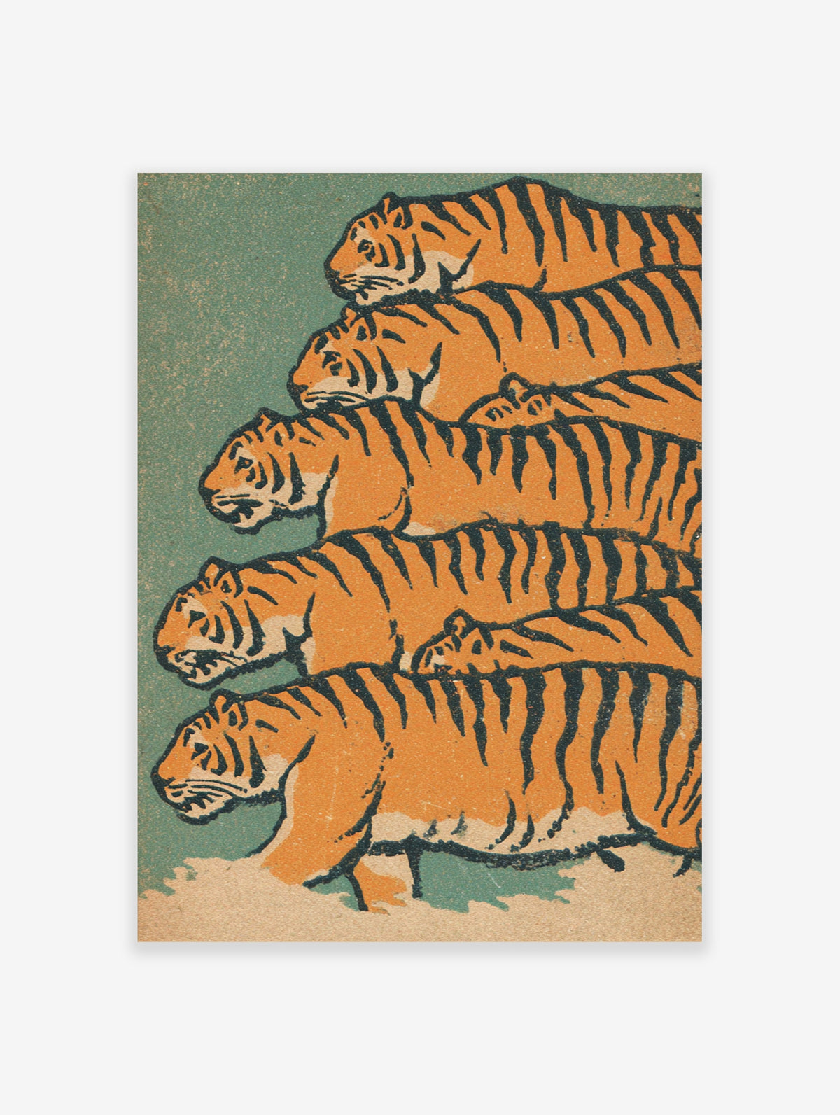 Five orange and black tigers stacked in profile on a green background, Japanese woodblock style animal poster