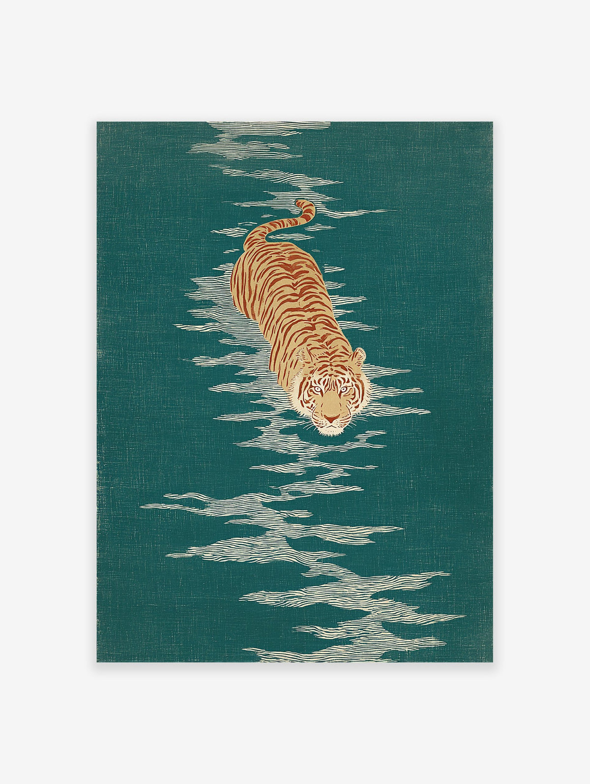 Japanese woodblock print of a tiger wading through green water. Tiger Wall Art with white water ripples.
