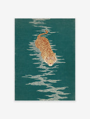 Japanese woodblock print of a tiger wading through green water. Tiger Wall Art with white water ripples.