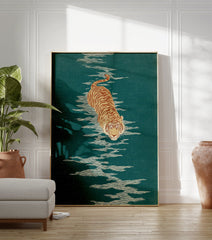 Japanese woodblock print of a tiger wading through green water. Tiger Wall Art with white water ripples. - Image 3