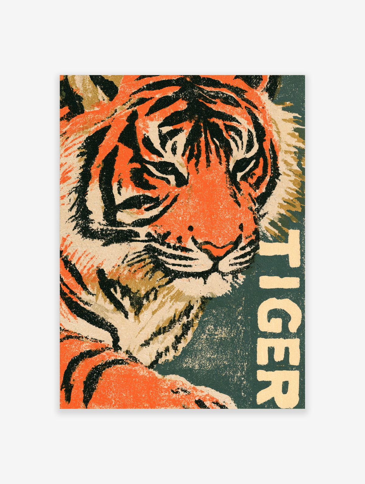 Close-up tiger face with orange and black stripes and vertical TIGER text on dark green background