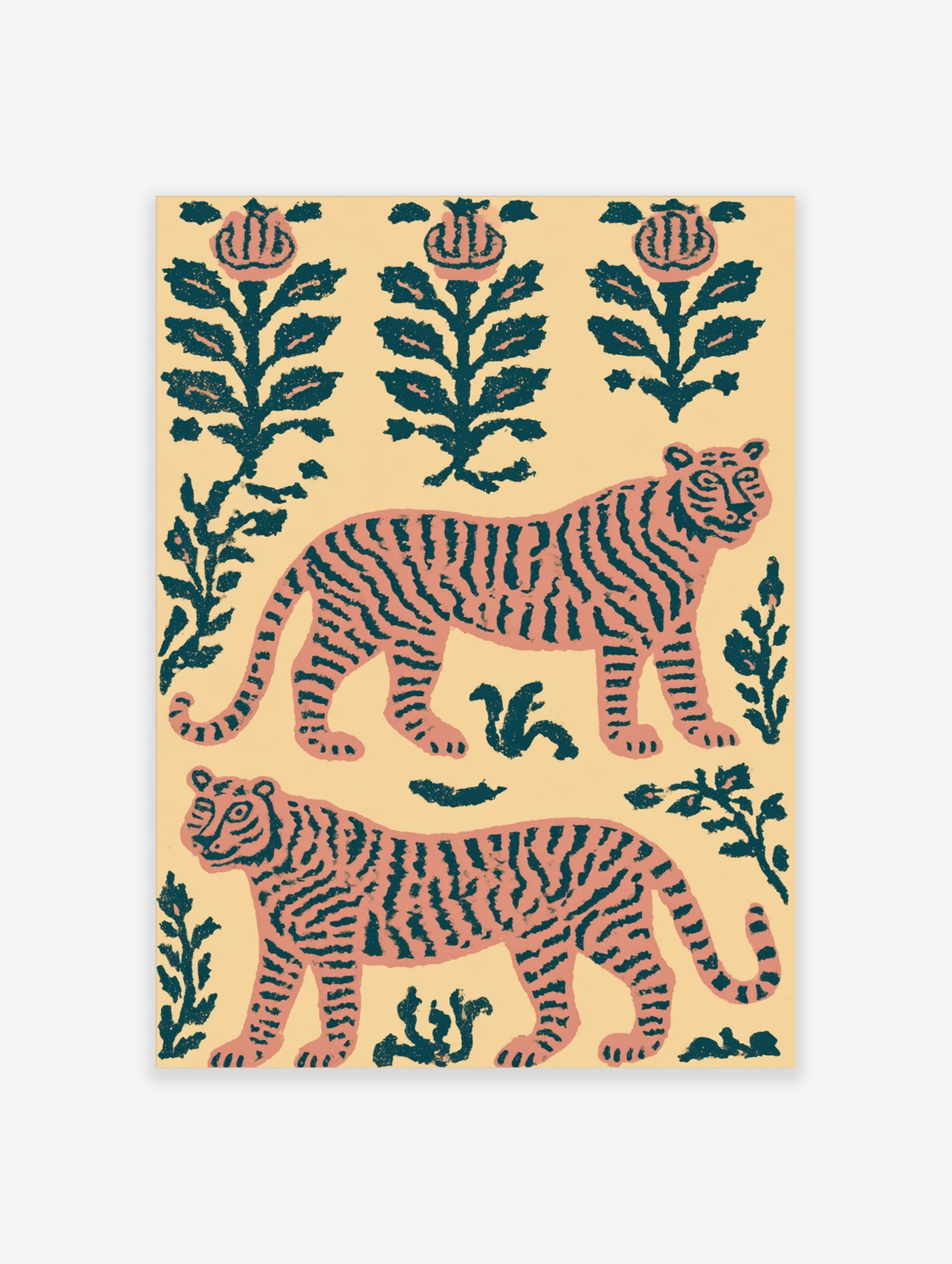Pink tiger illustration with green plants on cream background, animal art print