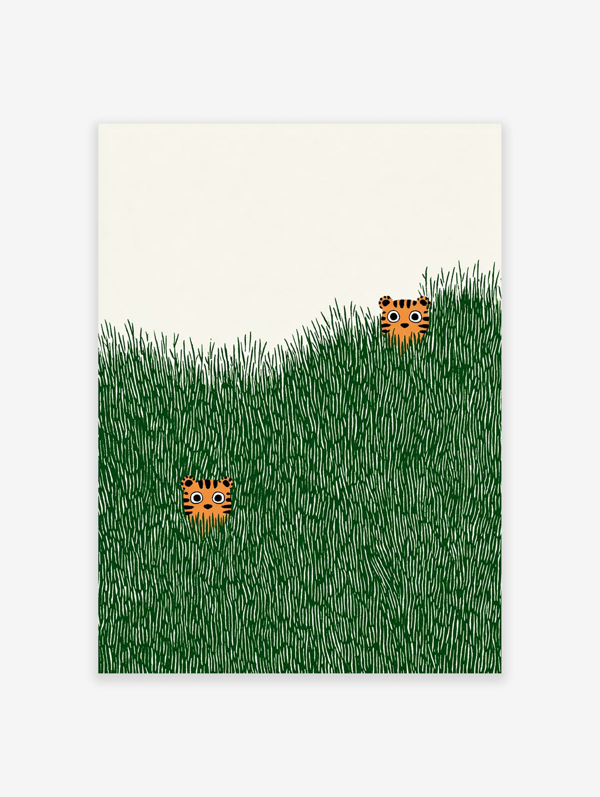 Two cute illustrated tiger heads peeking from tall green grass on a light cream background, playful tiger wall art print.