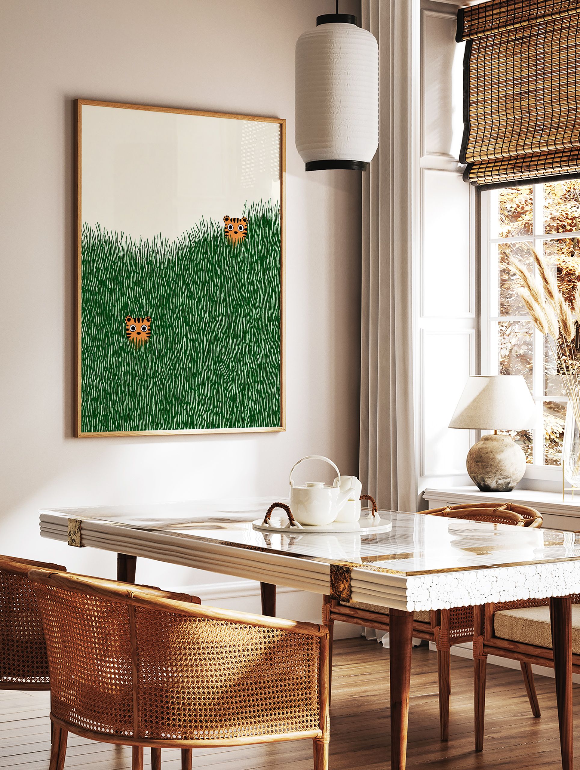 Two cute illustrated tiger heads peeking from tall green grass on a light cream background, playful tiger wall art print. - Image 2