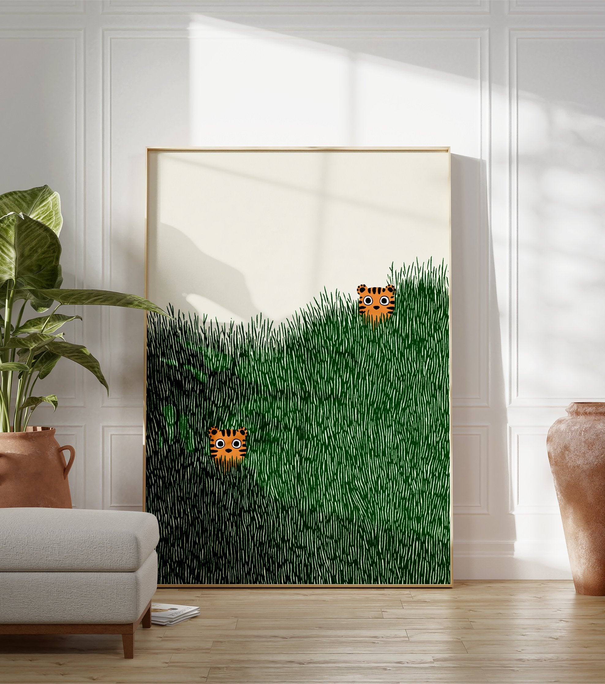 Two cute illustrated tiger heads peeking from tall green grass on a light cream background, playful tiger wall art print. - Image 3