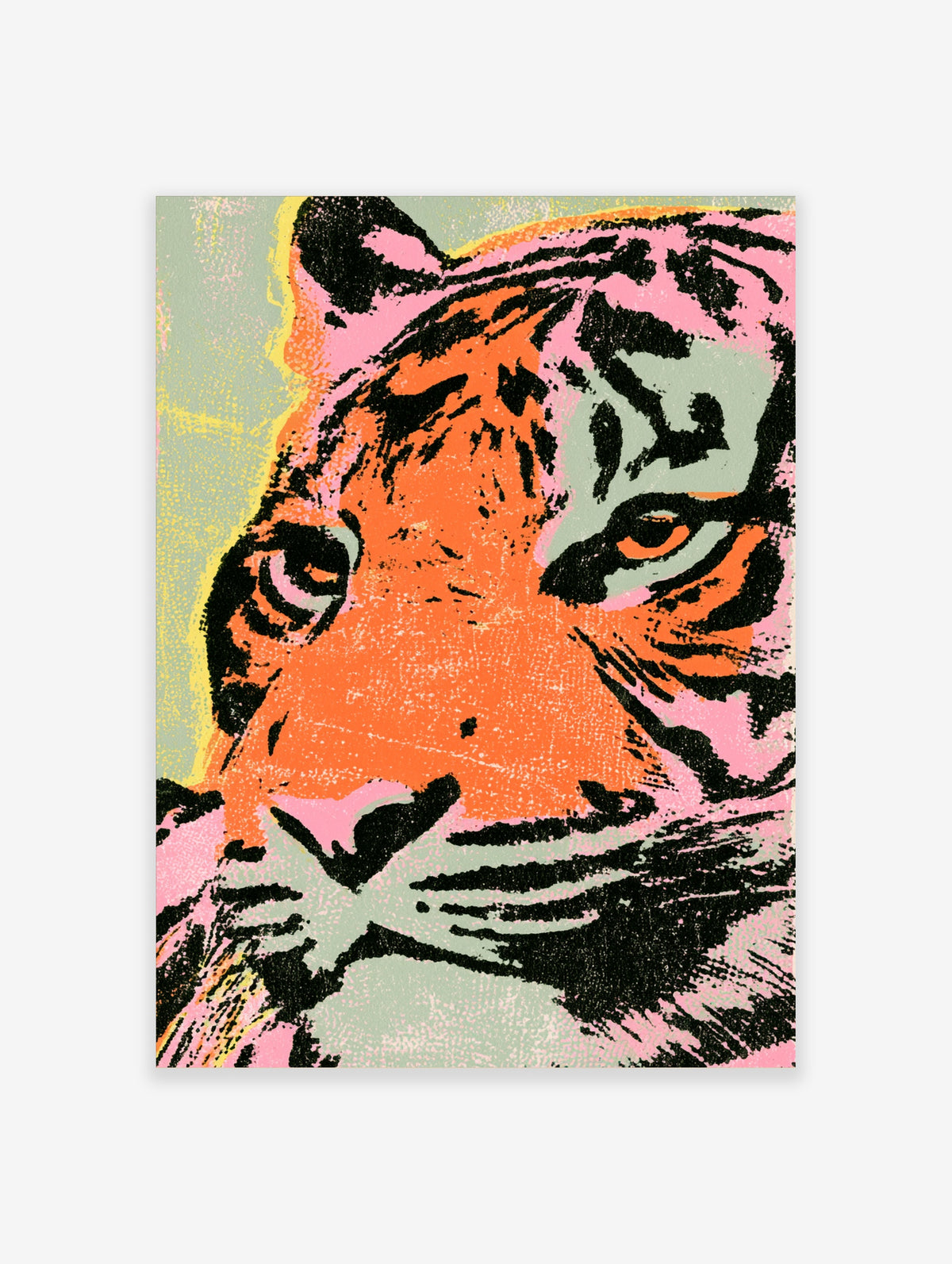 Pop art tiger portrait print with orange, pink and mint blocks and black stripes