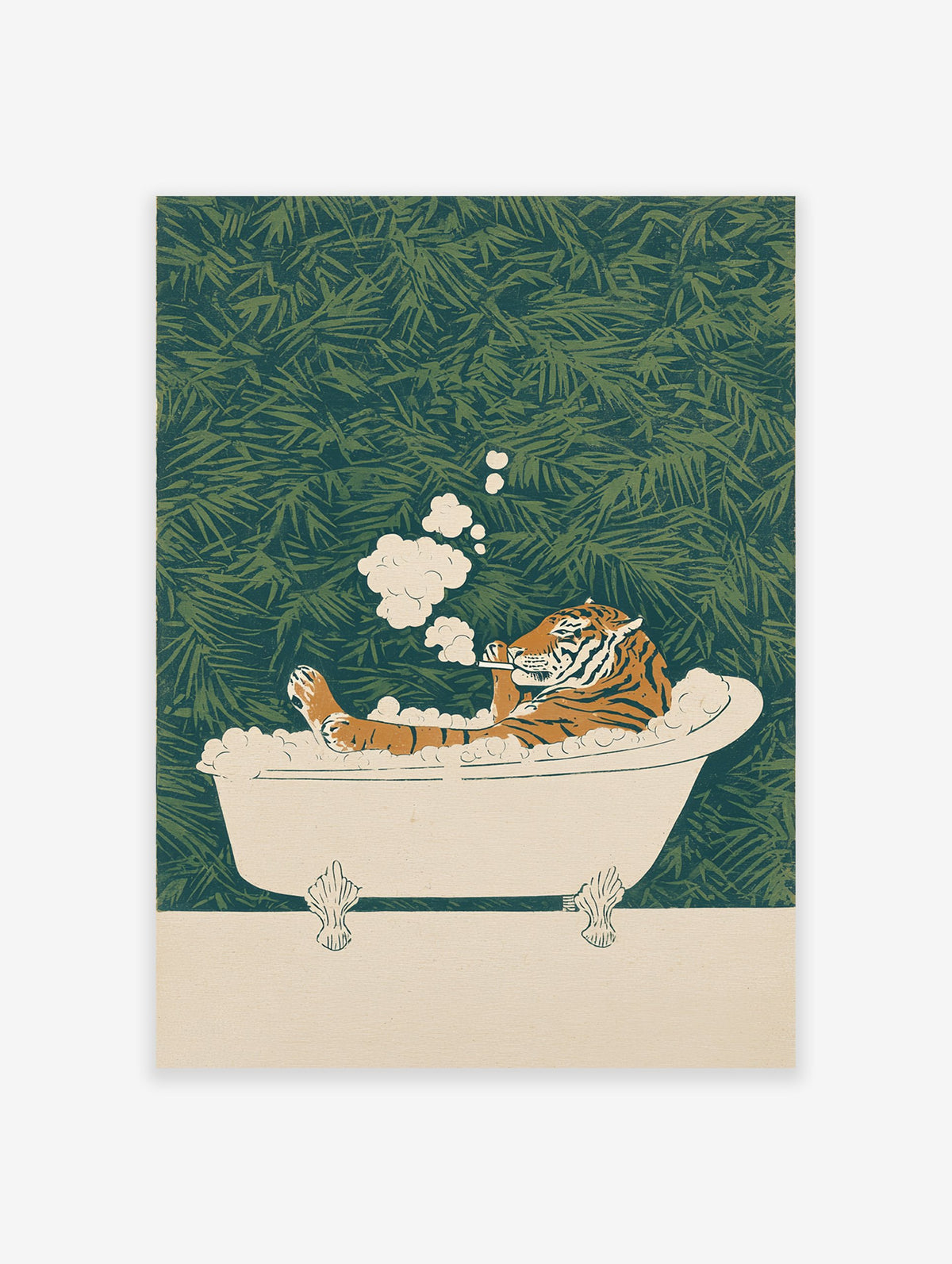 Illustrative art print of an orange and black tiger relaxing in a white bathtub filled with bubbles, smoking, against a green leaf background.