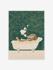 Illustrative art print of an orange and black tiger relaxing in a white bathtub filled with bubbles, smoking, against a green leaf background.
